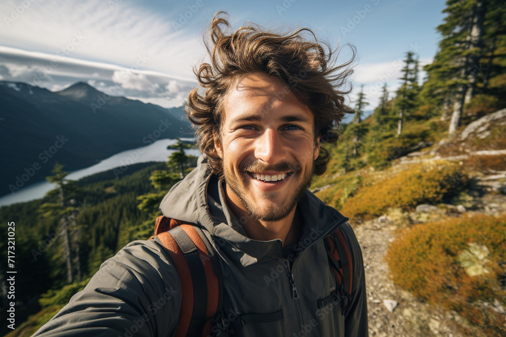 On a hiking trail, a guy takes a selfie with scenic mountain views, showcasing both his outdoor adventure and the breathtaking natural surroundings.