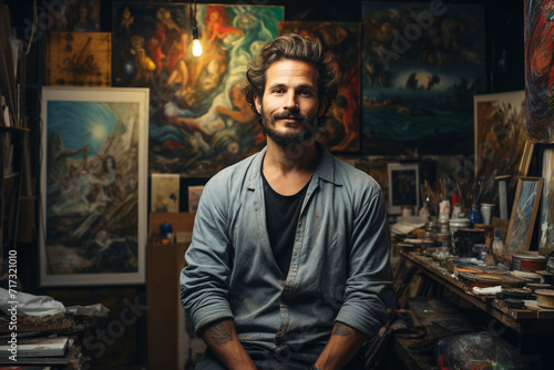 A guy takes a selfie in an art studio, surrounded by his own creations, showcasing the fusion of personal expression and artistic environment.