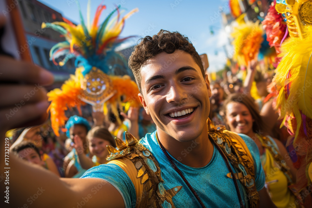 A guy takes a selfie during a vibrant street parade, surrounded by colorful floats, costumes, and lively festivities, capturing the energy of the moment. A guy takes a selfie during a vibrant street parade, surrounded by colorful floats, costumes, and lively festivities, capturing the energy of the moment.