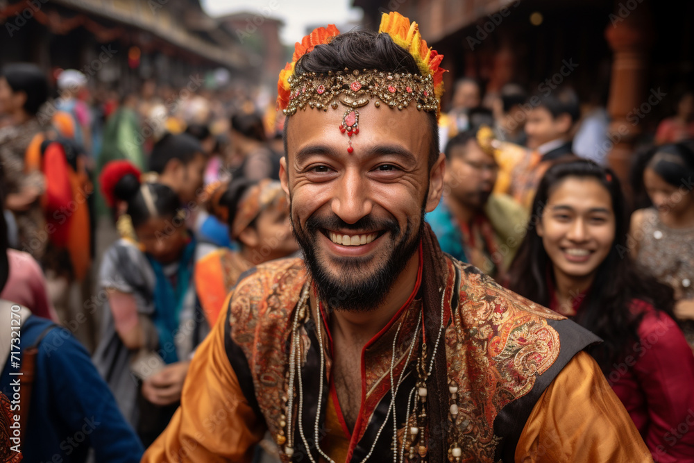 A guy takes a selfie at a cultural festival, immersed in diverse performances, traditional costumes, and vibrant cultural displays, showcasing the richness of the event.