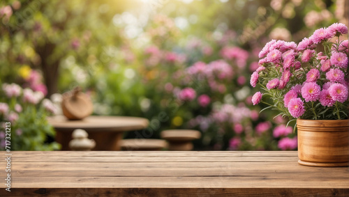 empty wooden table for product display with aster garden background photo