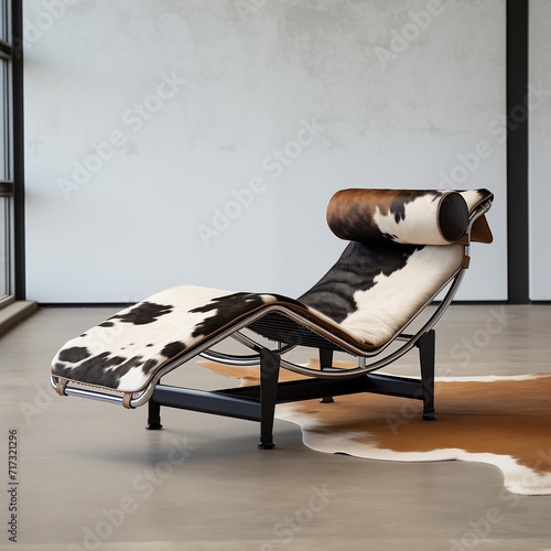 Classic chaise-longue chair with cowhide leather design, in a room with white wall and cowhide rug. Retro style lounge chair. Stylish ergonomic furniture, comfortable recliner. Copy space.