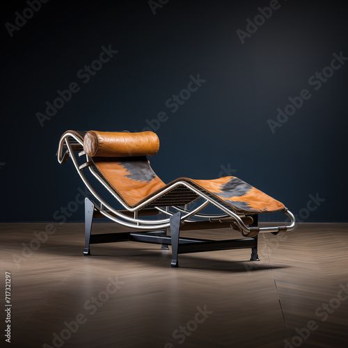 Comfortable chaise-longue chair with cowhide brown leather design. Stylish ergonomic furniture, comfy recliner. Modern lounge chair in retro style, in a room with dark wall.