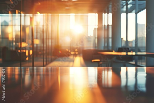 An abstract blurred office interior background  showcase the fusion of modern workplace and nature sunlights...