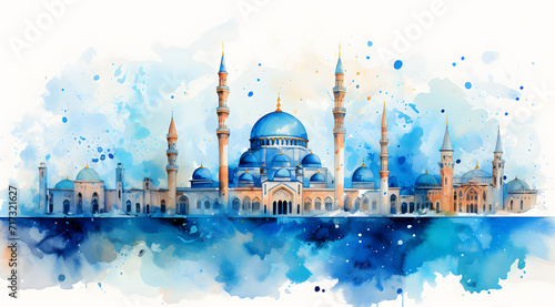 Watercolor painting of the Sultan Ahmed Mosque, Blue Mosque, showcasing its exquisite domes, minarets, and intricate tilework in shades of azure and turquoise photo