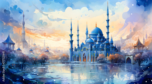 Watercolor painting of the Sultan Ahmed Mosque, Blue Mosque, showcasing its exquisite domes, minarets, and intricate tilework in shades of azure and turquoise
