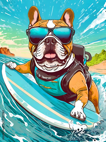 サーフィンを楽しむ犬のイラスト © k_yu