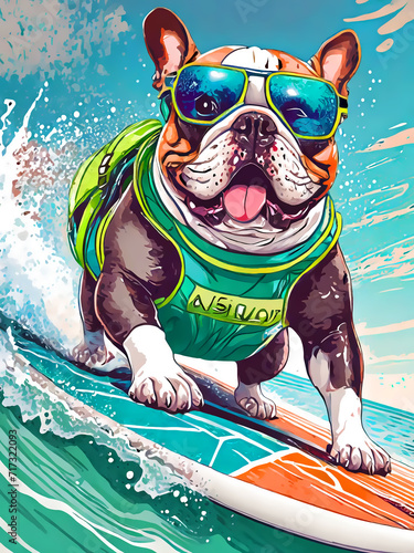 サーフィンを楽しむ犬のイラスト