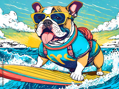 サーフィンを楽しむ犬のイラスト © k_yu