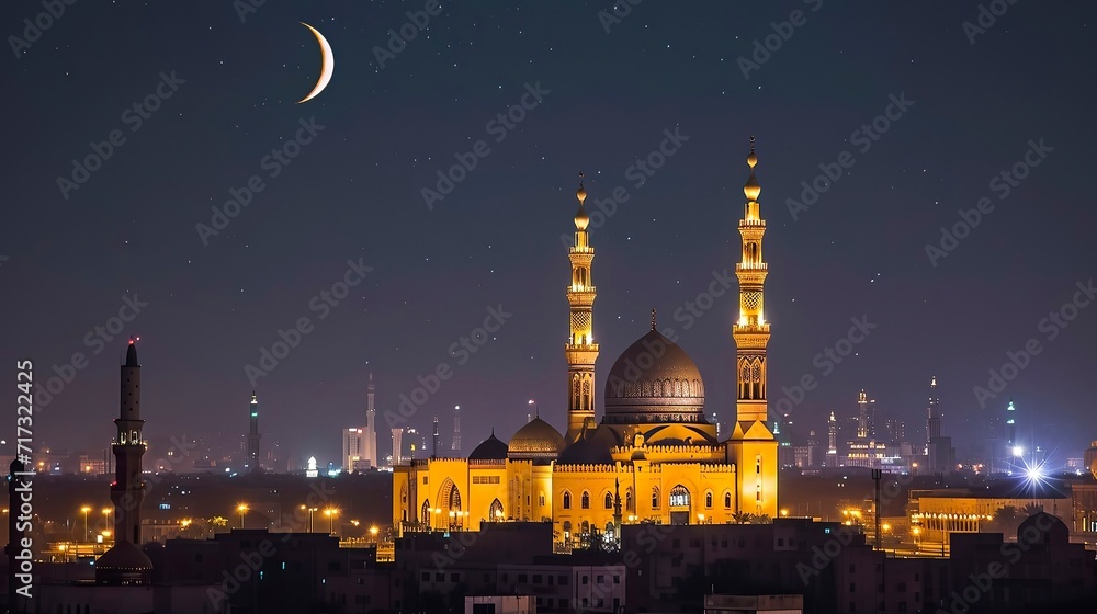 Crescent Moon Over Illuminated Mosque