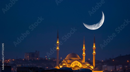Crescent Moon Over Illuminated Mosque