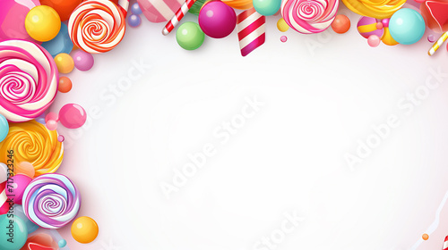 candy shop frame template background with set of different colors of candy, jelly beans, lollipop photo
