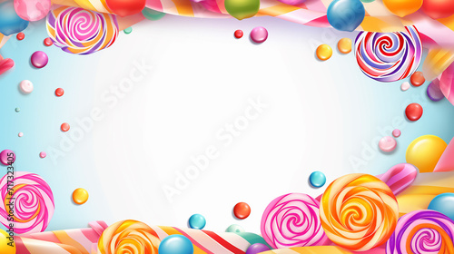 candy shop frame template background with set of different colors of colorful sweet snacks on white