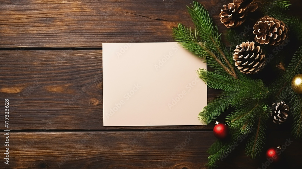 Obraz premium Christmas letter list congratulations with pines and fir branches on a wooden background