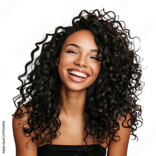Beauty brunette laughing young woman with long shiny curly hair, Beautiful happy woman model posing wavy hairstyle, Cosmetology, cosmetics and make-up, isolated on white background, png