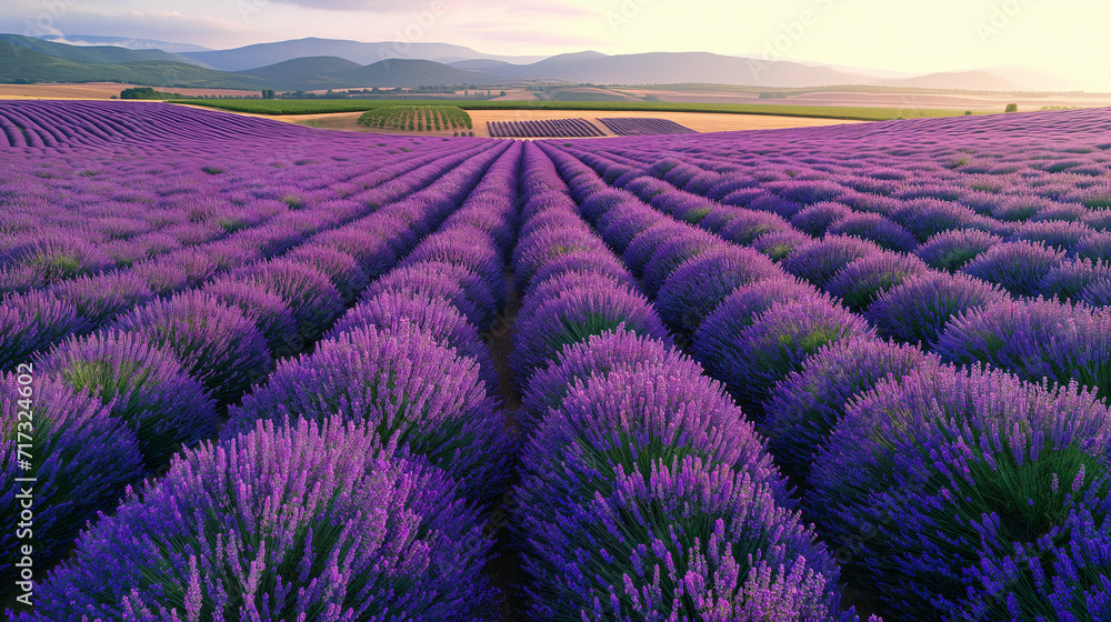 Fototapeta premium Sunset Over Lavender Fields in Bloom