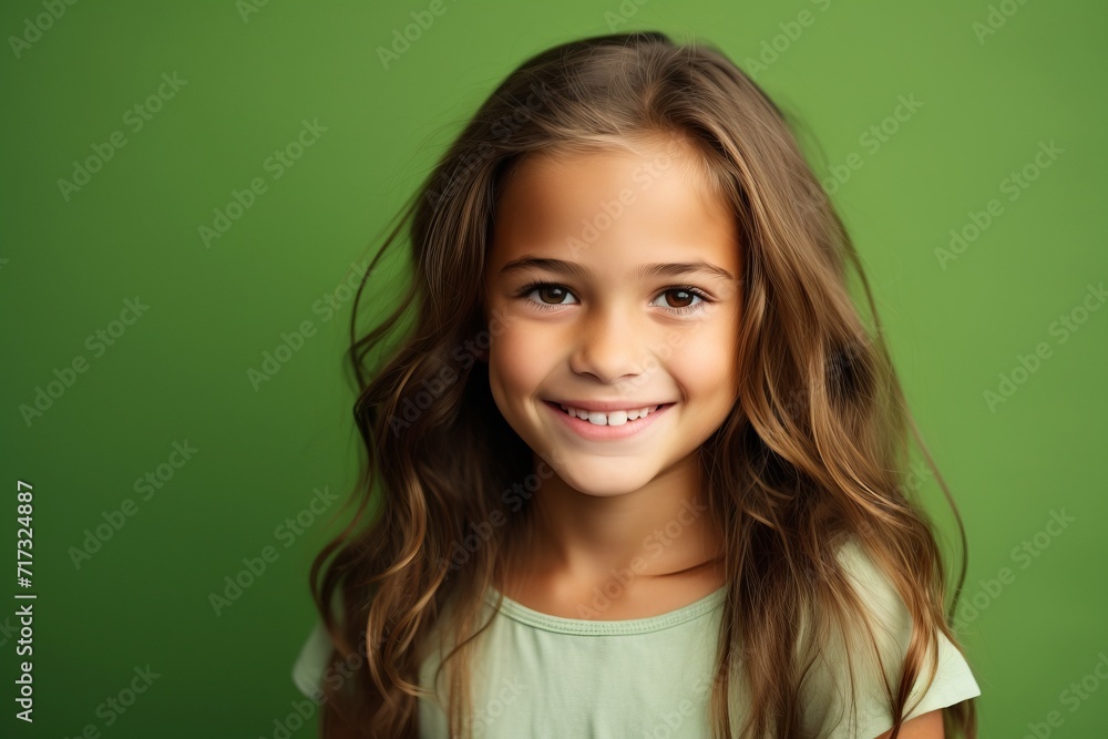 smiling little girl with long curly hair looking at camera over green background smiling little girl with long curly hair looking at camera over green background