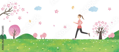 桜の草原でランニングする女性水彩画