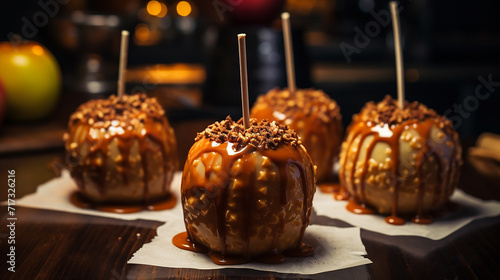 dipped homemade caramel apples on wax paper in the kitchen photo