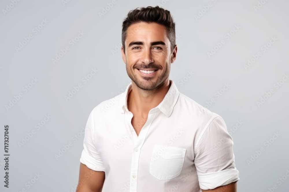 Portrait of a handsome young man smiling at the camera while standing against grey background Portrait of a handsome young man smiling at the camera while standing against grey background