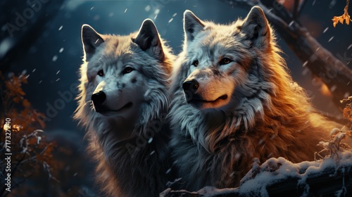 Wolves in a snowy forest at night