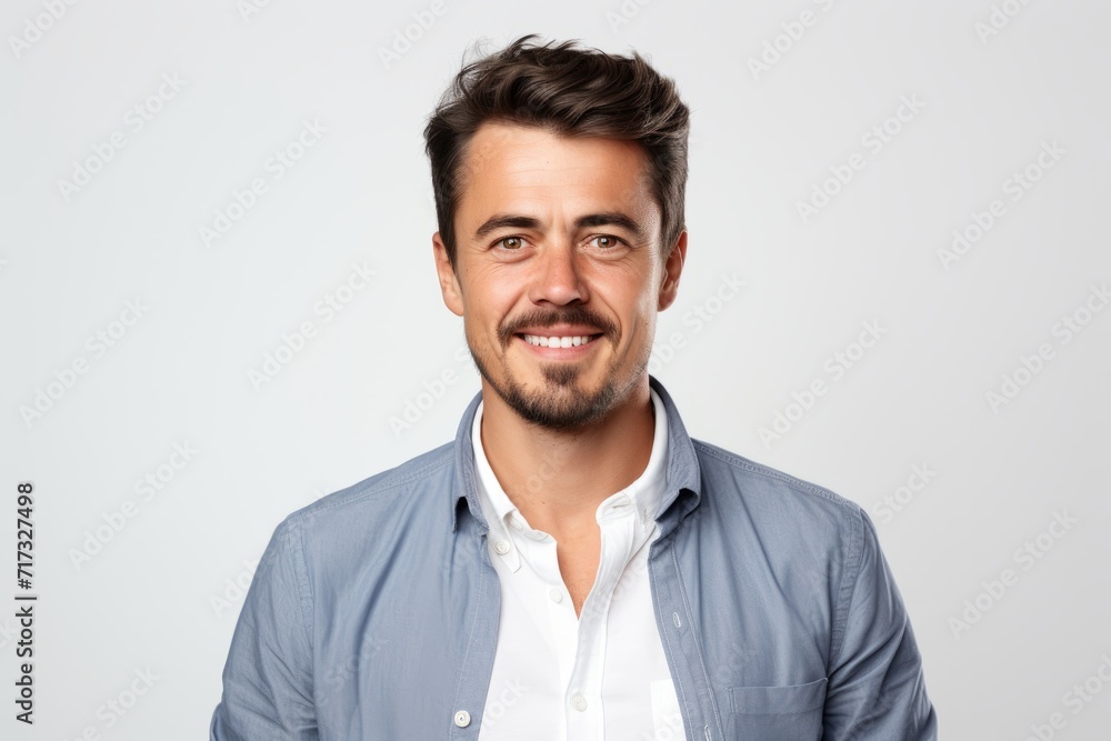 Portrait of a handsome young man smiling and looking at camera over grey background