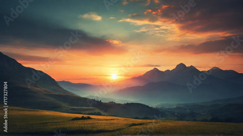 Colorful Sunrise over the Mountains with Vintage Filter Panoramic View of Majestic Dawn generate ai