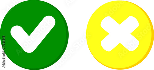 Tick and cross signs. Green checkmark and yellow  X icons isolated on white background. Replaceable vector design. Vector illustration. photo