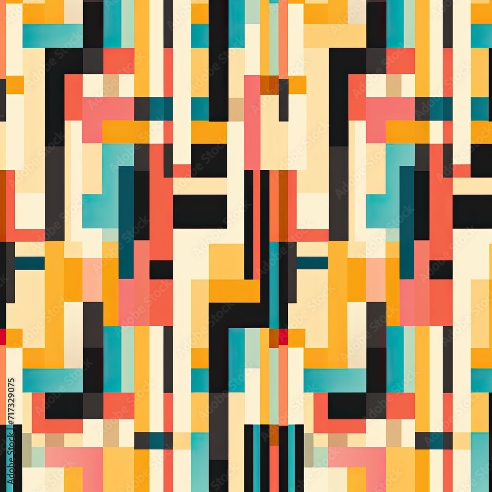 Interior Design with Chairs and Tables in a Restaurant, Featuring an EmptyColorful Pixelated Mosaic of Seamless Geometric Shapes in Abstract Vector Design for a Vibrant Wallpaper or Digital Decoration Interior Design with Chairs and Tables in a Restaurant, Featuring an EmptyColorful Pixelated Mosaic of Seamless Geometric Shapes in Abstract Vector Design for a Vibrant Wallpaper or Digital Decoration