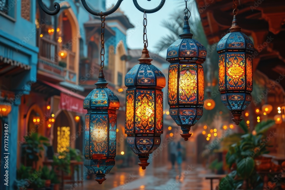 Arabic hanging lanterns at the dark night thick with Muslim atmosphere professional photography Arabic hanging lanterns at the dark night thick with Muslim atmosphere professional photography