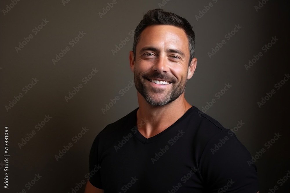 Portrait of a handsome man smiling at the camera while standing against grey background Portrait of a handsome man smiling at the camera while standing against grey background