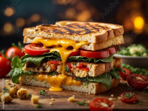 Veggie cheese toasted Sandwich, cinematic food photography, studio lighting and background