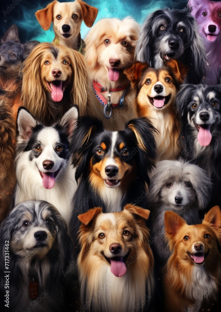 Photorealistic group of different dog breeds staring into the camera, nostalgic illustration style.