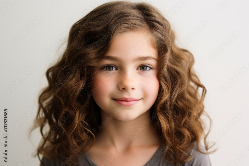 Portrait of a cute little girl with long curly hair on a white background Portrait of a cute little girl with long curly hair on a white background