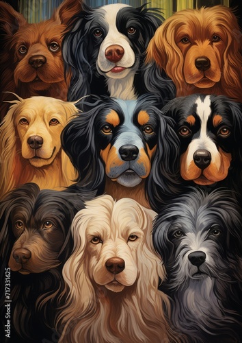 Photorealistic group of different dog breeds staring into the camera, nostalgic illustration style. © ART IMAGE DOWNLOADS