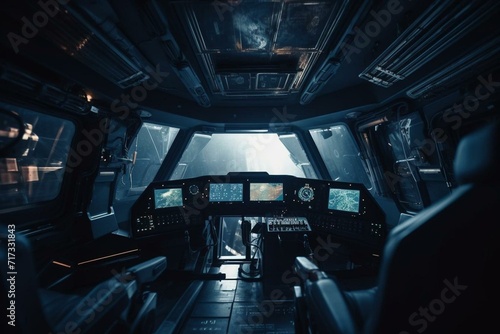 Interior of a spacecraft with a view of space and planets. Generative AI