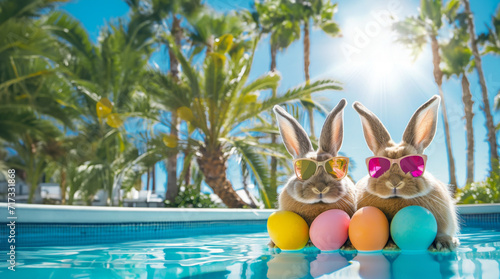Playful Easter scene with two bunnies wearing sunglasses, colorful eggs by the pool photo