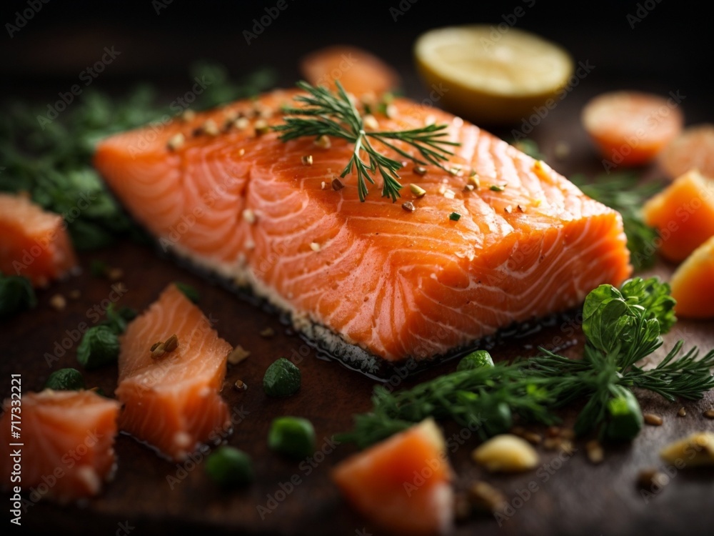 Salmon fillet steak with veggies in cinematic food photography mode, studio lighting and background Salmon fillet steak with veggies in cinematic food photography mode, studio lighting and background
