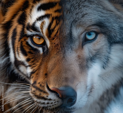 close up portrait of a tiger and wolf faces