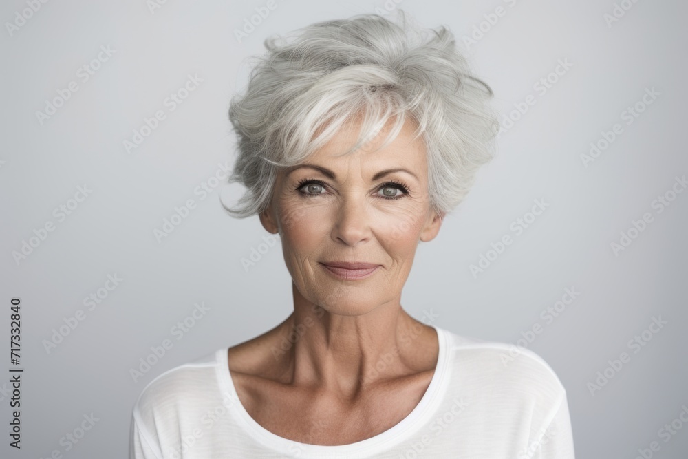 Portrait of a beautiful senior woman with grey hair on a gray background