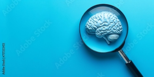 Magnifying glass and human brain on blue background, mental health care concept. © BackgroundWorld