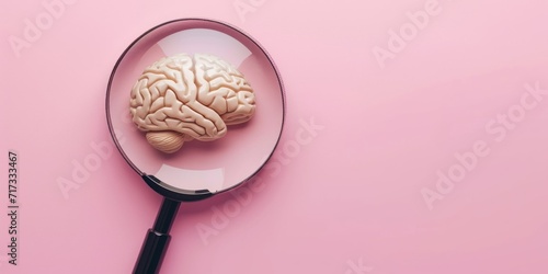 Magnifying glass and human brain on pink background, mental health care concept. #717333467