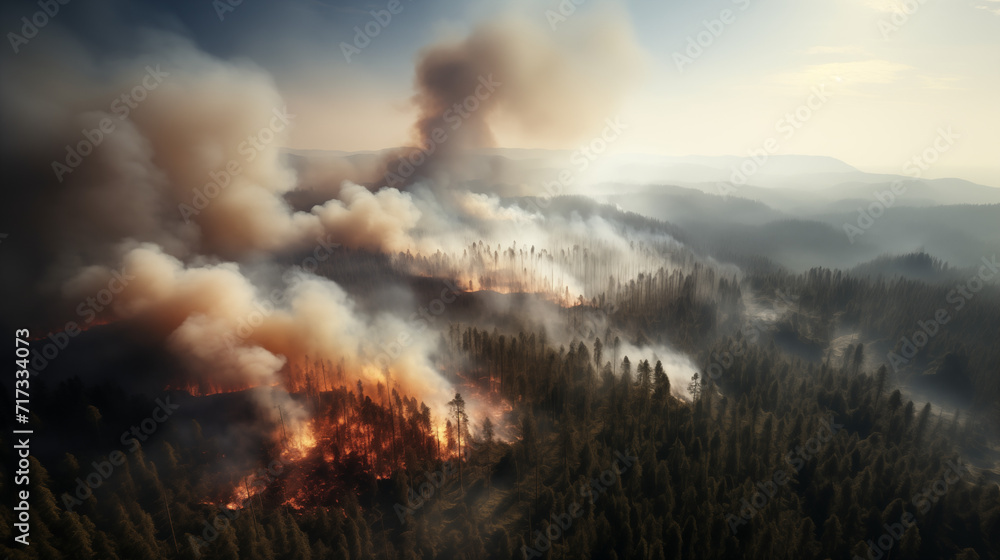 Wildfire. Flame and smoke in the forest. Aerial view