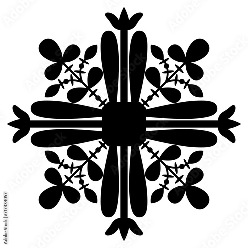 Geometrical floral ornament in folk style. Black silhouette on white background.