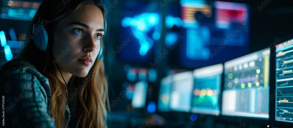 Female hacker attempting to breach firewall encounters access denial. Female hacker attempting to breach firewall encounters access denial.