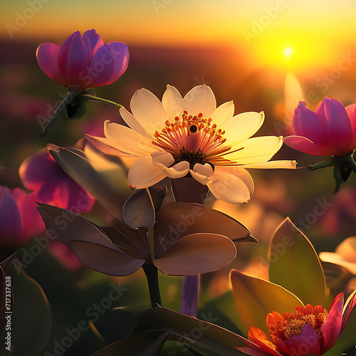 Gandharaj Flower blossoming under a golden sunset.   AI Generated.  photo