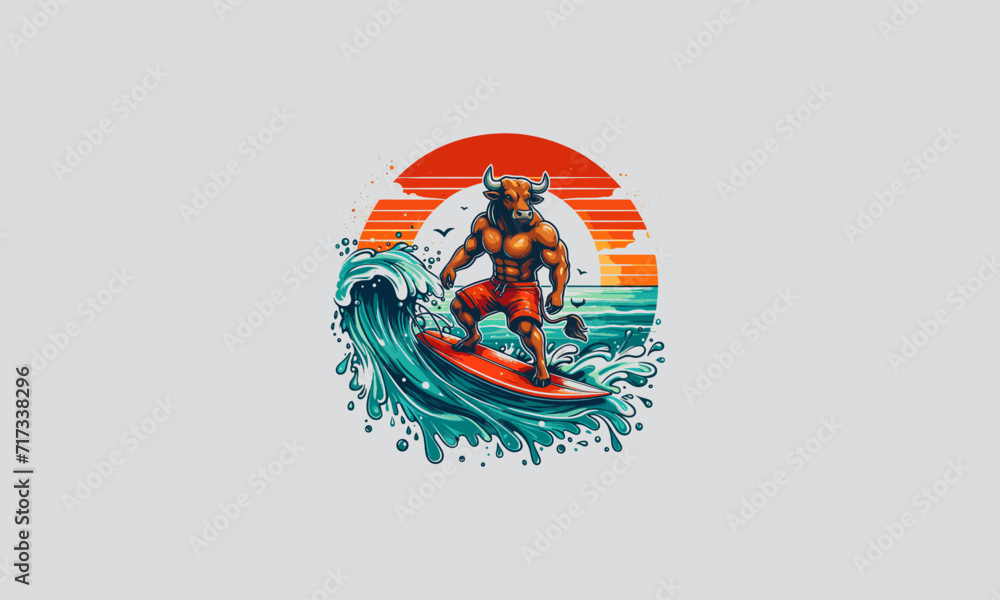 bull playing surfing on sea vector flat design