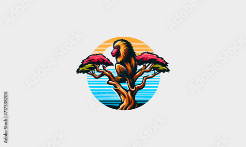 baboon on tree sunset vector logo design