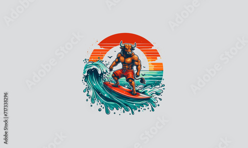 bull playing surfing on sea vector flat design