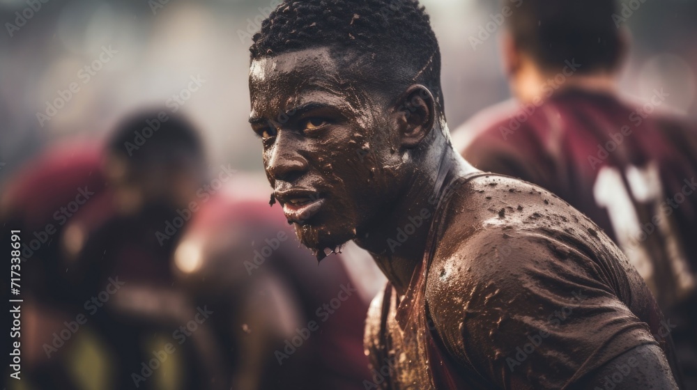 Closeup of a determined players muddy jersey after a tough game.